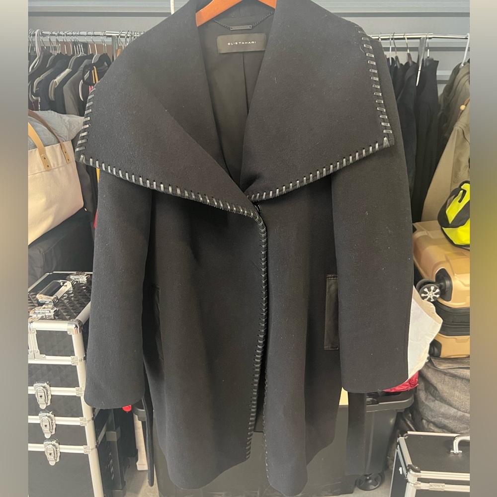 Elie Tahiti Black with leather whipstitch accent coat